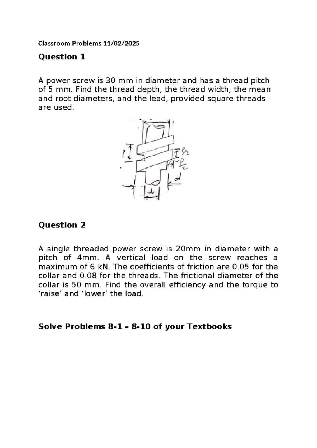 Classroom Problem Set 11: Power Screw Calculations - Studocu