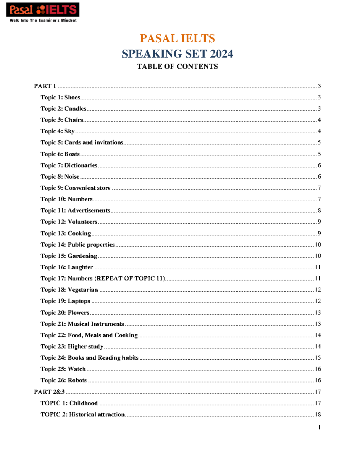 Speaking Topics 1 2024 Official Samples - PASAL IELTS - SPEAKING SET ...