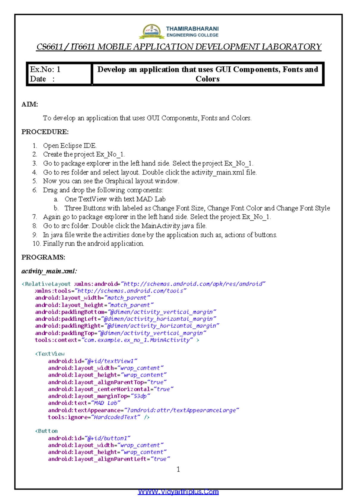 MAD 1: Lab Manual on GUI Components and Android Application Development ...