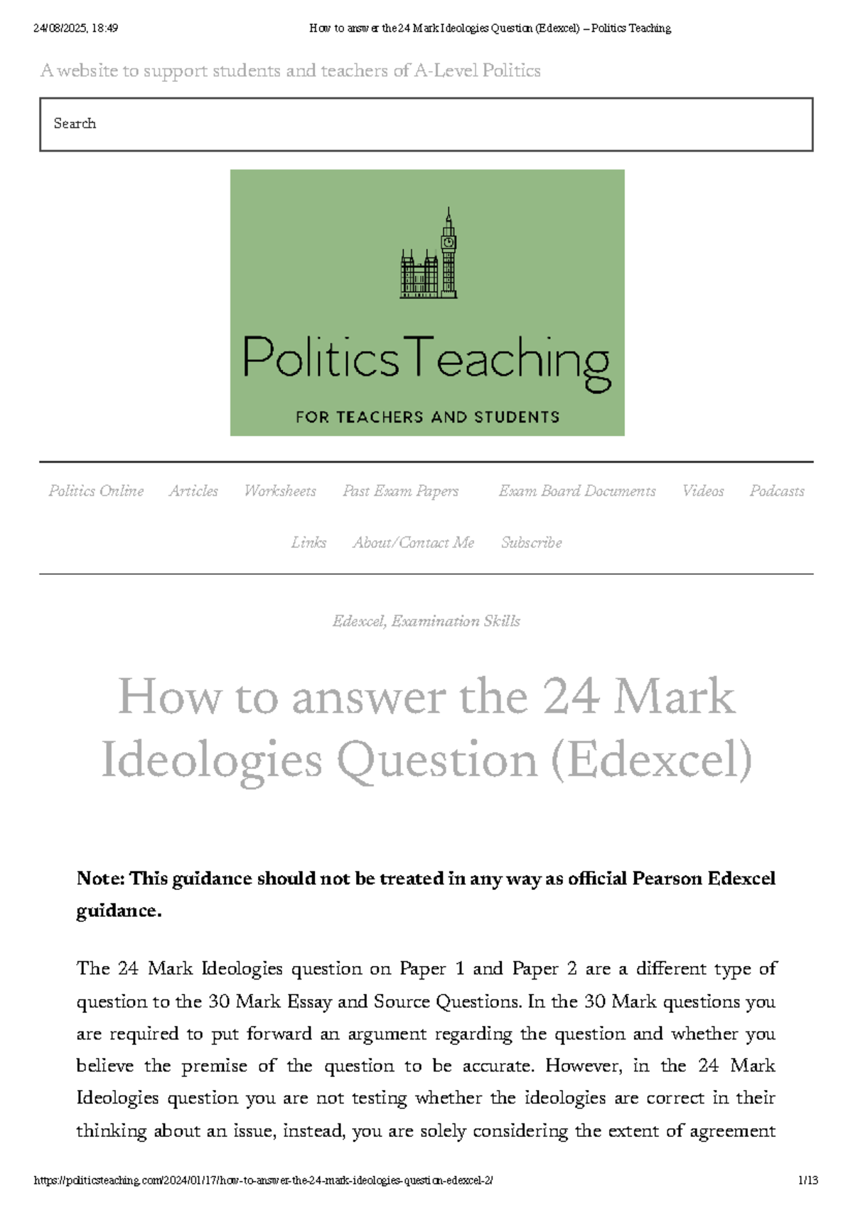 24 Mark Ideologies Question Guidance (Edexcel Politics) - Studocu