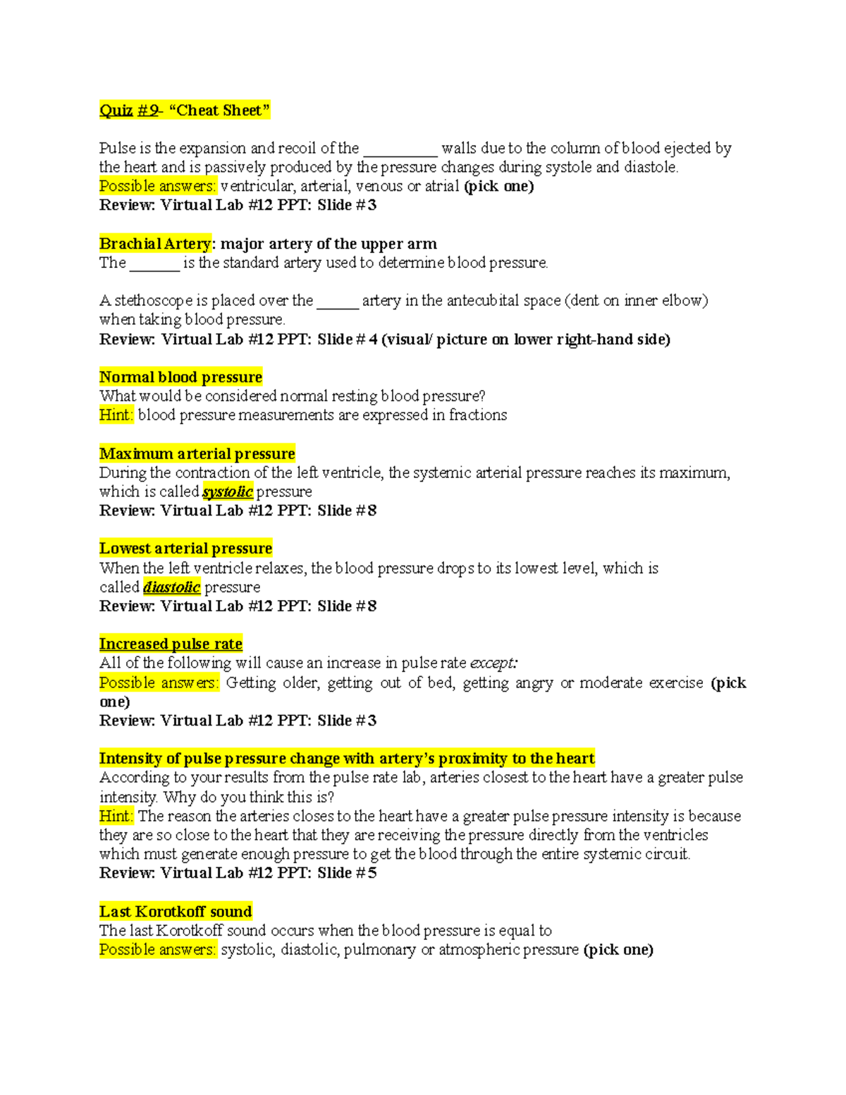 Quiz 9- Cheat sheet - professor amg - Quiz # 9- “Cheat Sheet” Pulse is ...