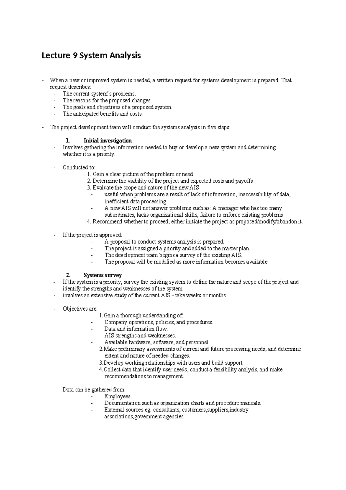 Lecture 9: System Analysis and Development Process Overview - Studocu