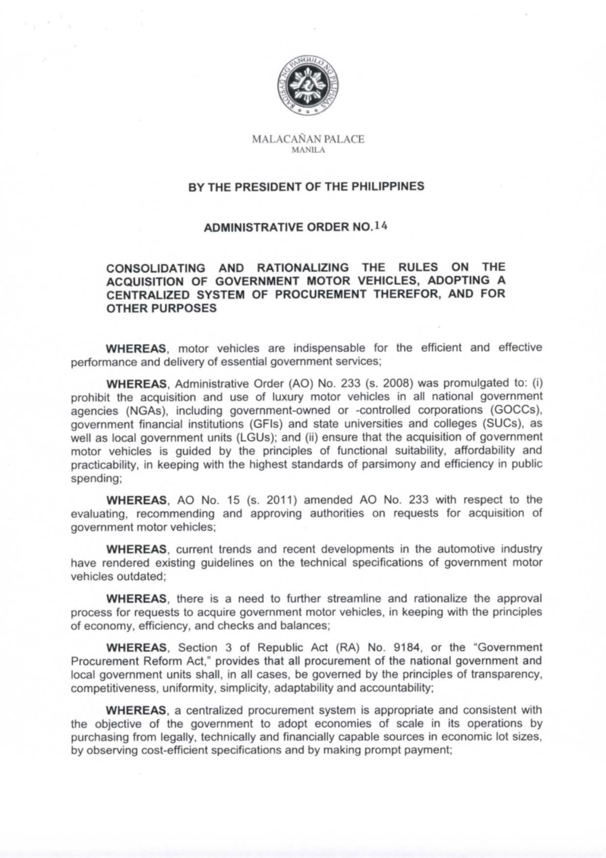 Administrative Order No. 14 (s. 2018): Centralized Procurement of Gov't ...
