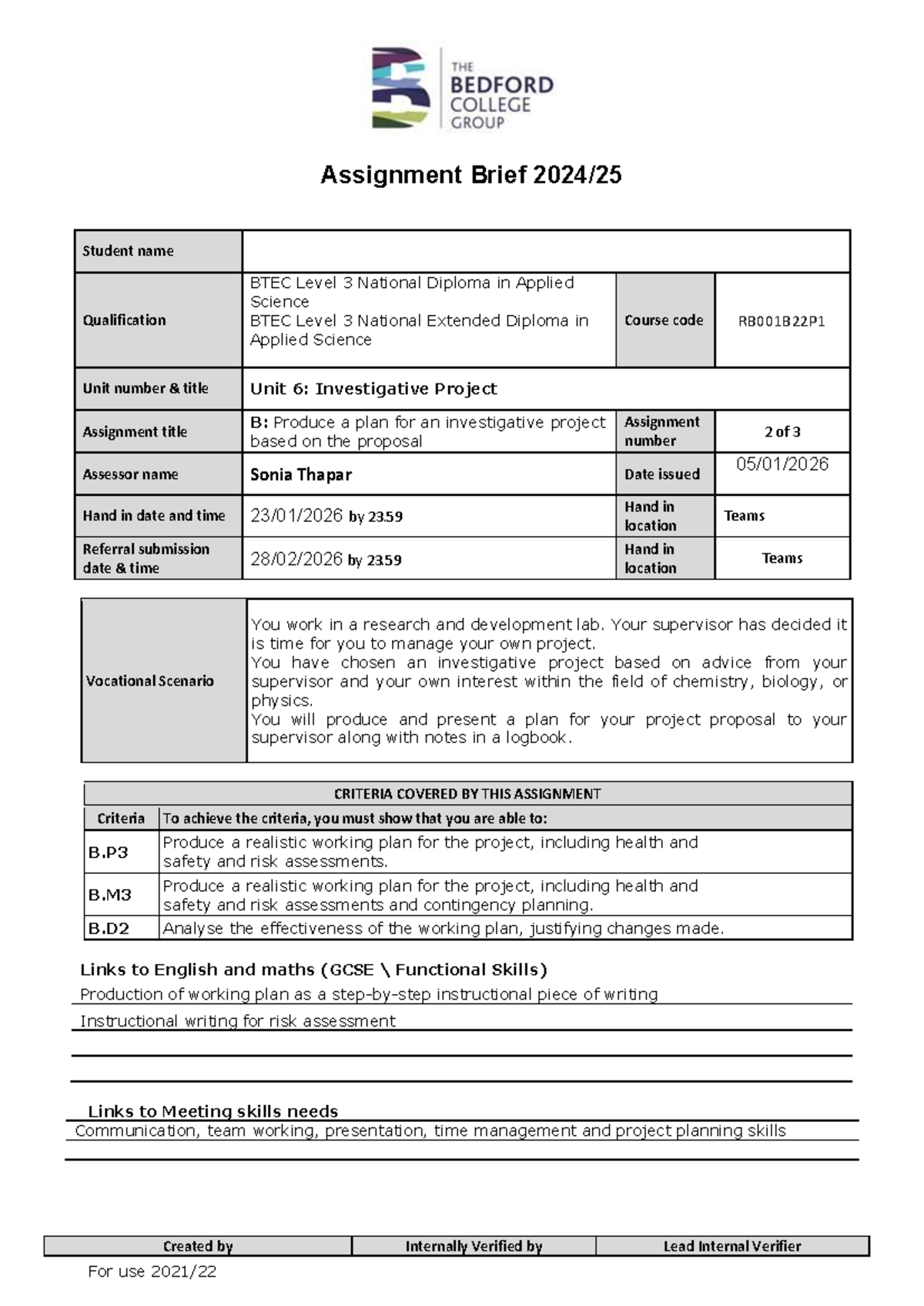BTEC Level 3 Applied Science Unit 6: Investigative Project Plan ...