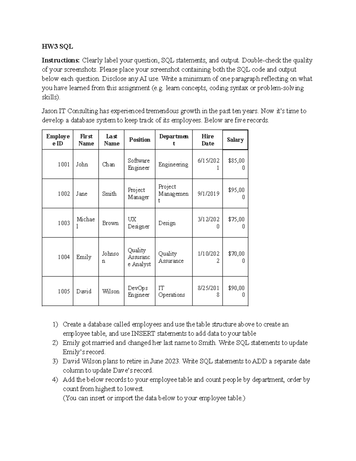 HW3 ITC SQL Assignment: Employee Database Creation & Updates - Studocu