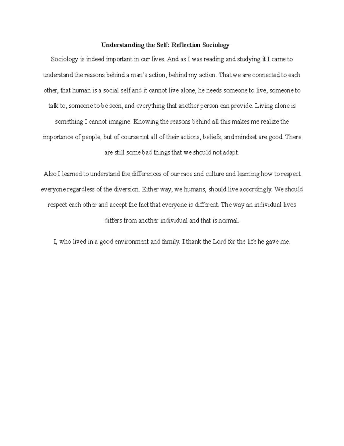 Understanding the Self Reflection Sociology - Understanding the Self ...
