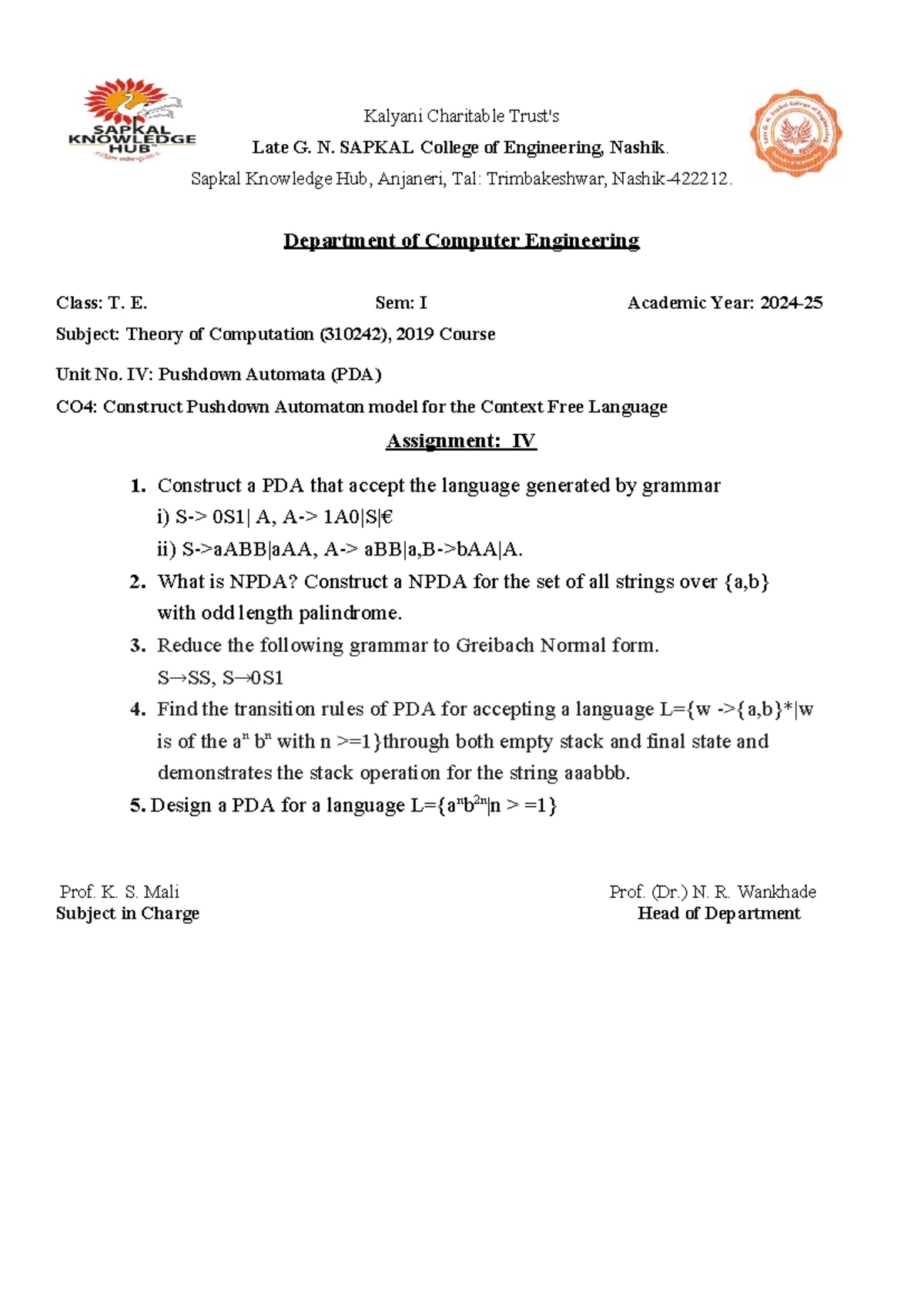 TE TOC Assignment no 3 - Kalyani Charitable Trust's Late G. N. SAPKAL ...