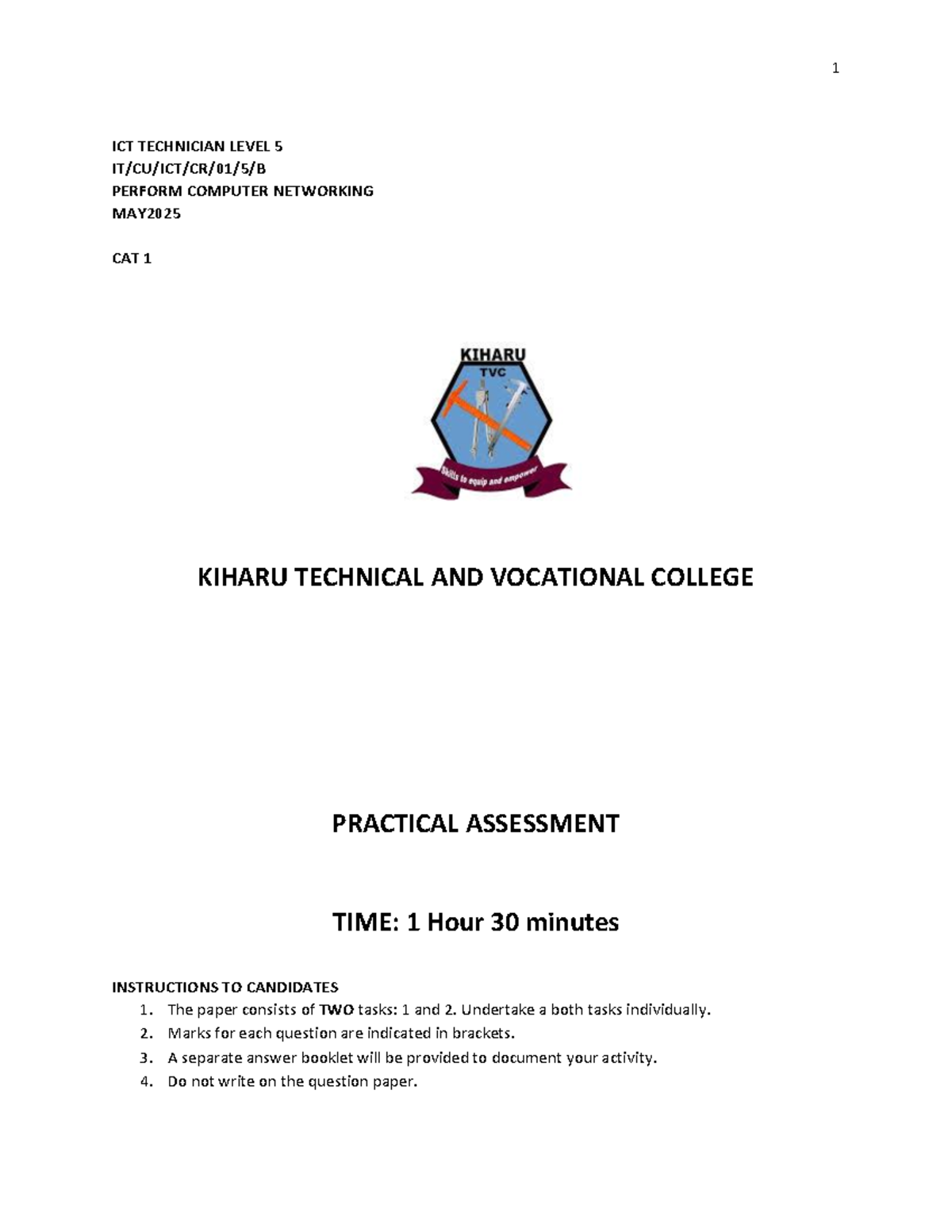 L5 ICT Technician Networking CAT 1 Practical Assessment Guide - Studocu