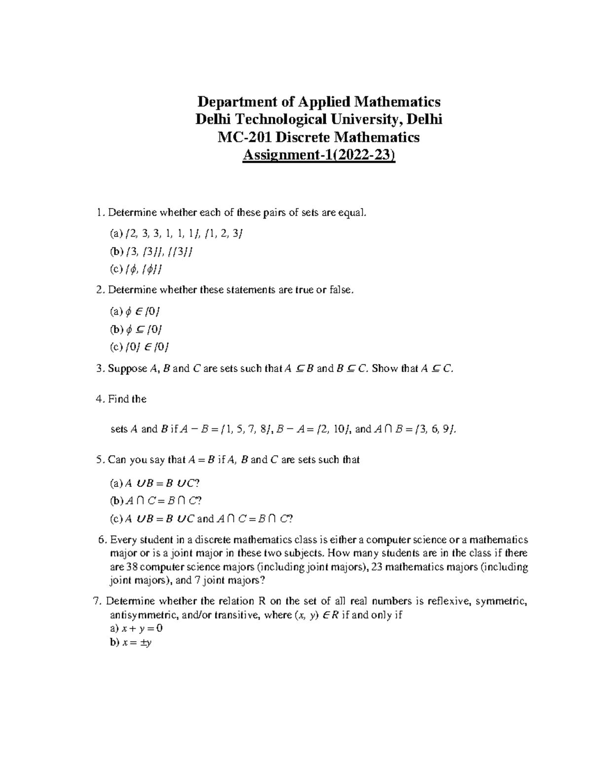 MC-201 Discrete Mathematics - Assignment 1 (2022-23) Answers - Studocu