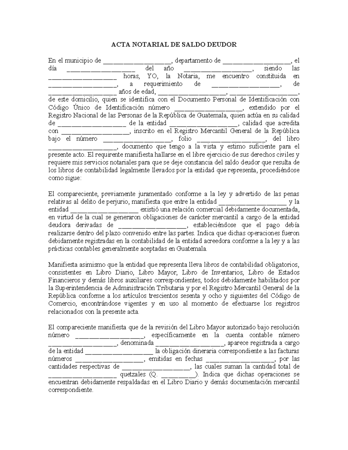 ACTA Notarial de Saldo Deudor - Registro Mercantil Guatemala - Studocu
