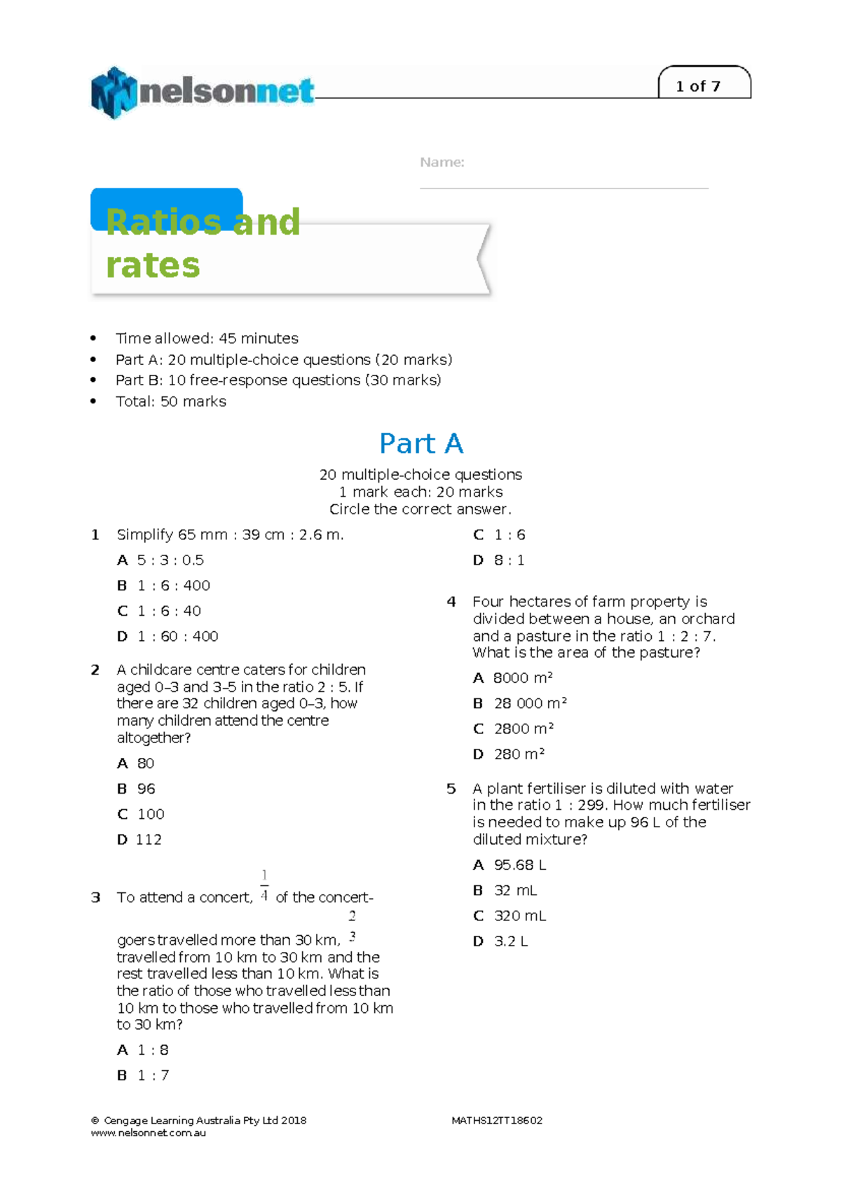 MATHS12TT18602 Topic Test: Ratios and Rates Exam Guide - Studocu