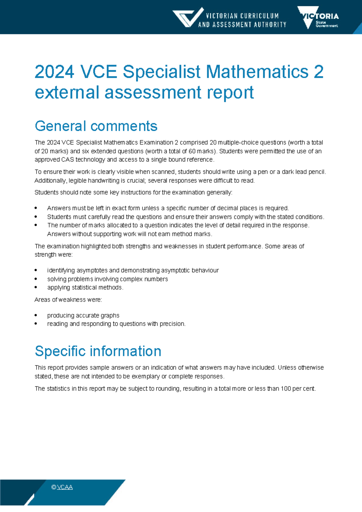 2024 VCE Specialist Mathematics 2 Exam Assessment Report - Studocu