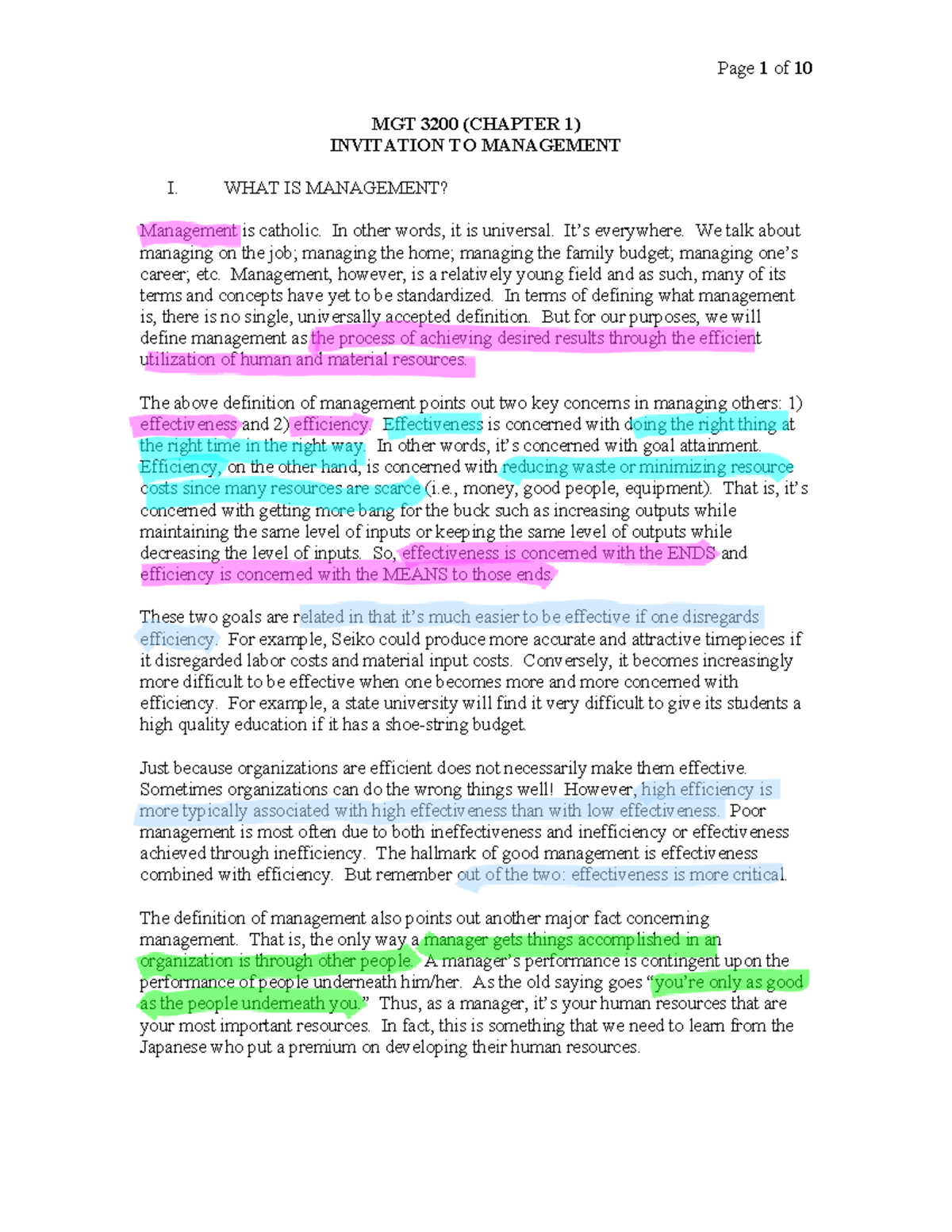 MGT 3200: Introduction to Management Notes (Chapter 1) - Studocu