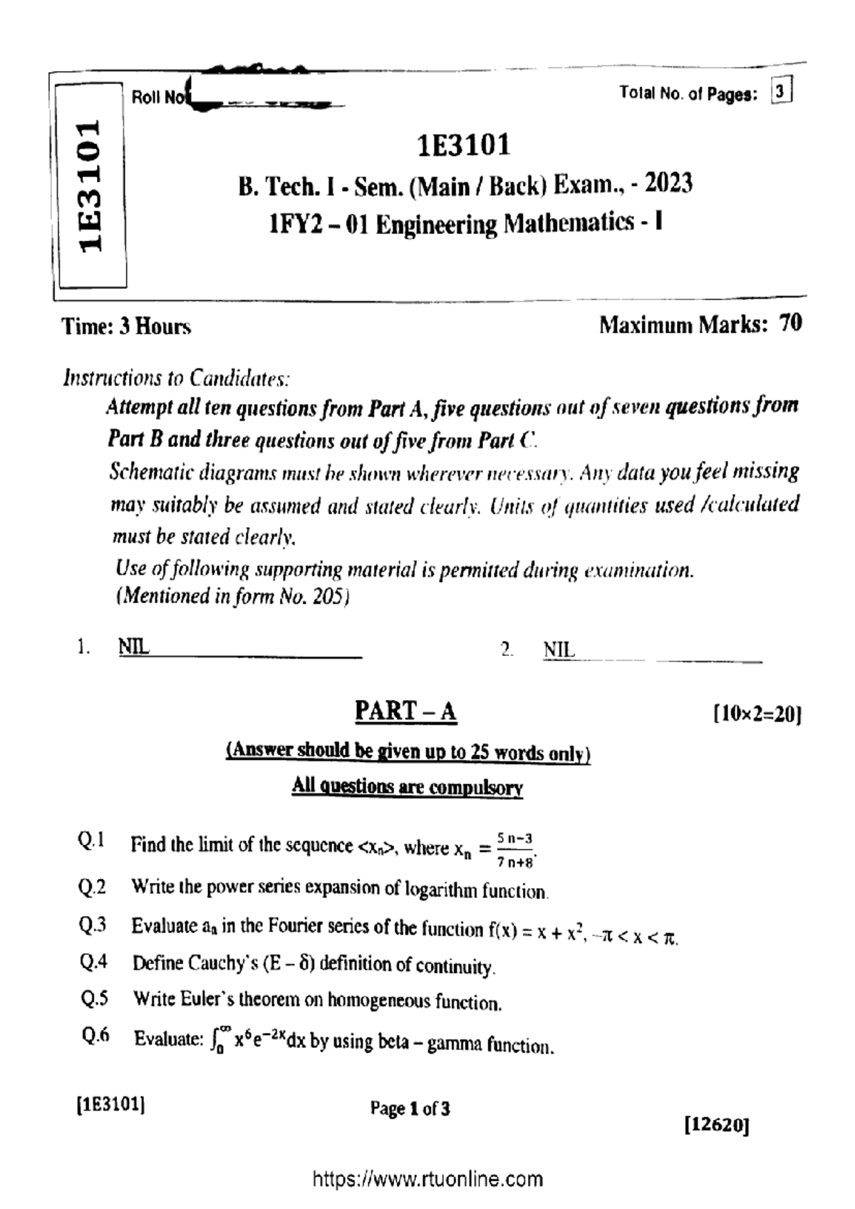 B.Tech I Sem Engineering Mathematics I (1E3101) Exam Paper 2023 - Studocu