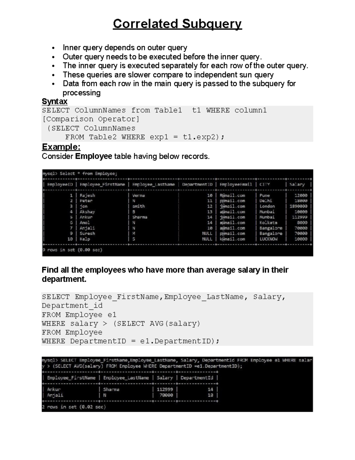 Correlated AND Aggregation Operations - Correlated Subquery Inner query ...