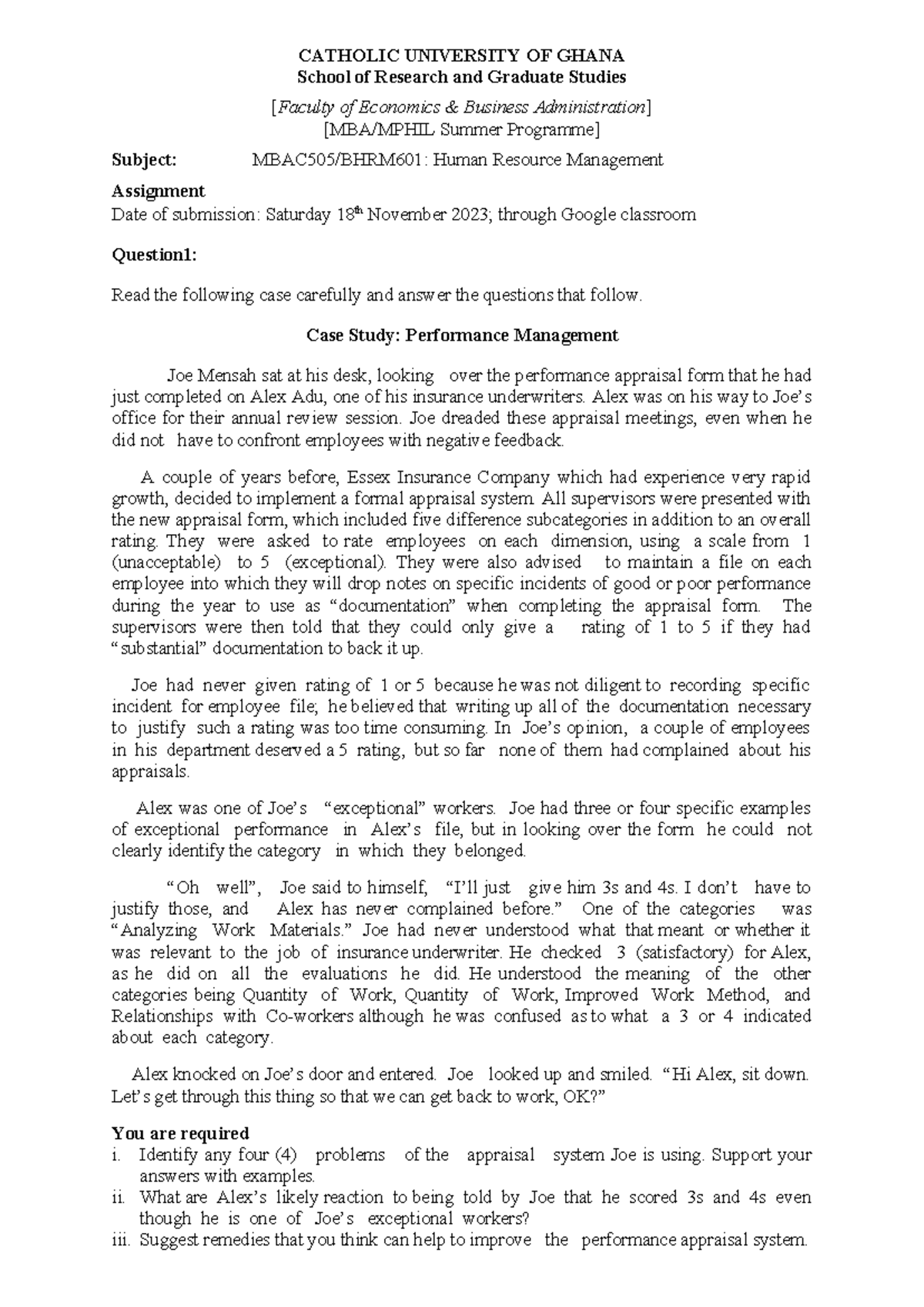 HRM 101: Case Study on Performance Management Appraisal Issues - Studocu