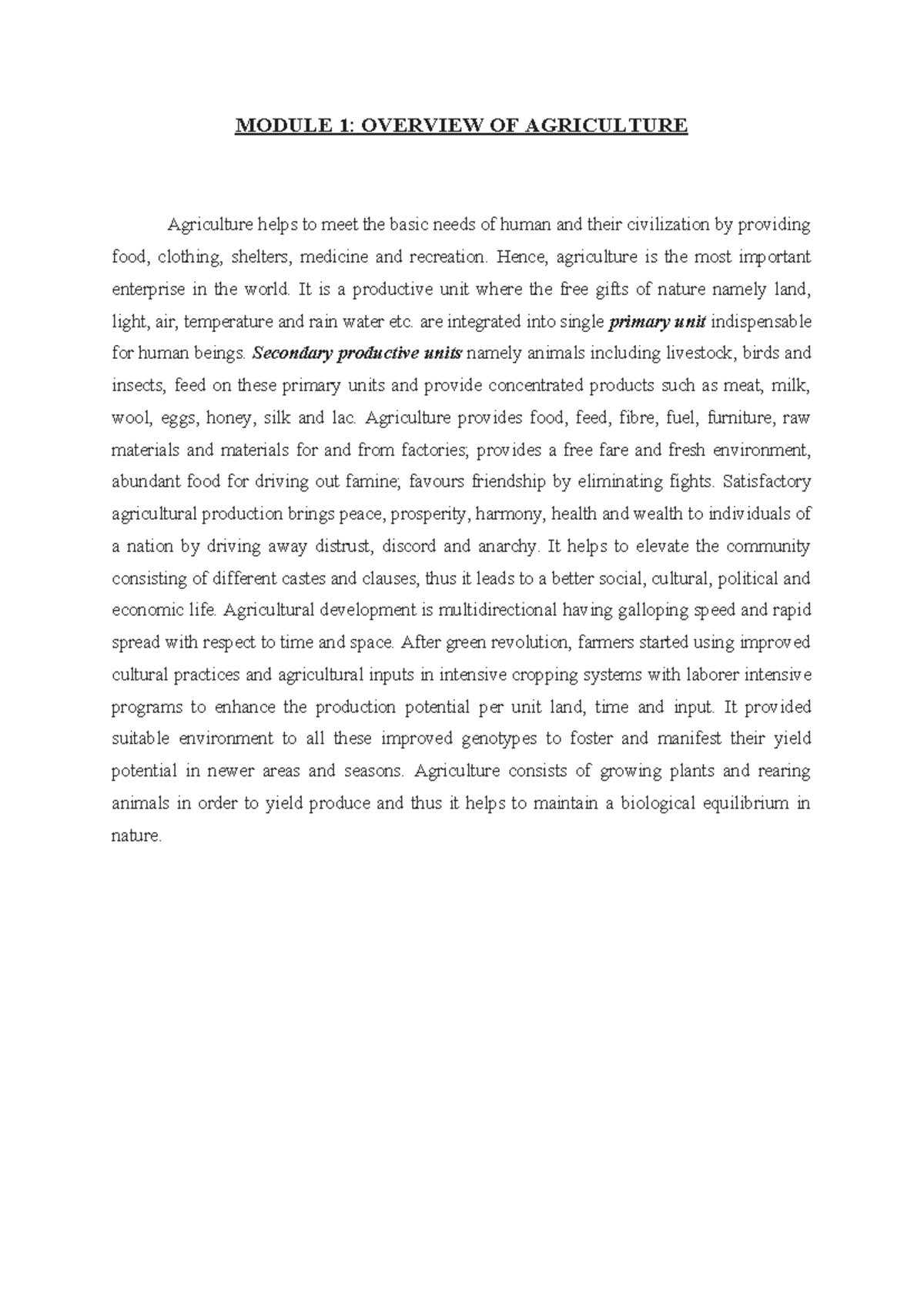 Agric 101 - Module 1: Intro to Agriculture and Its Importance - Studocu