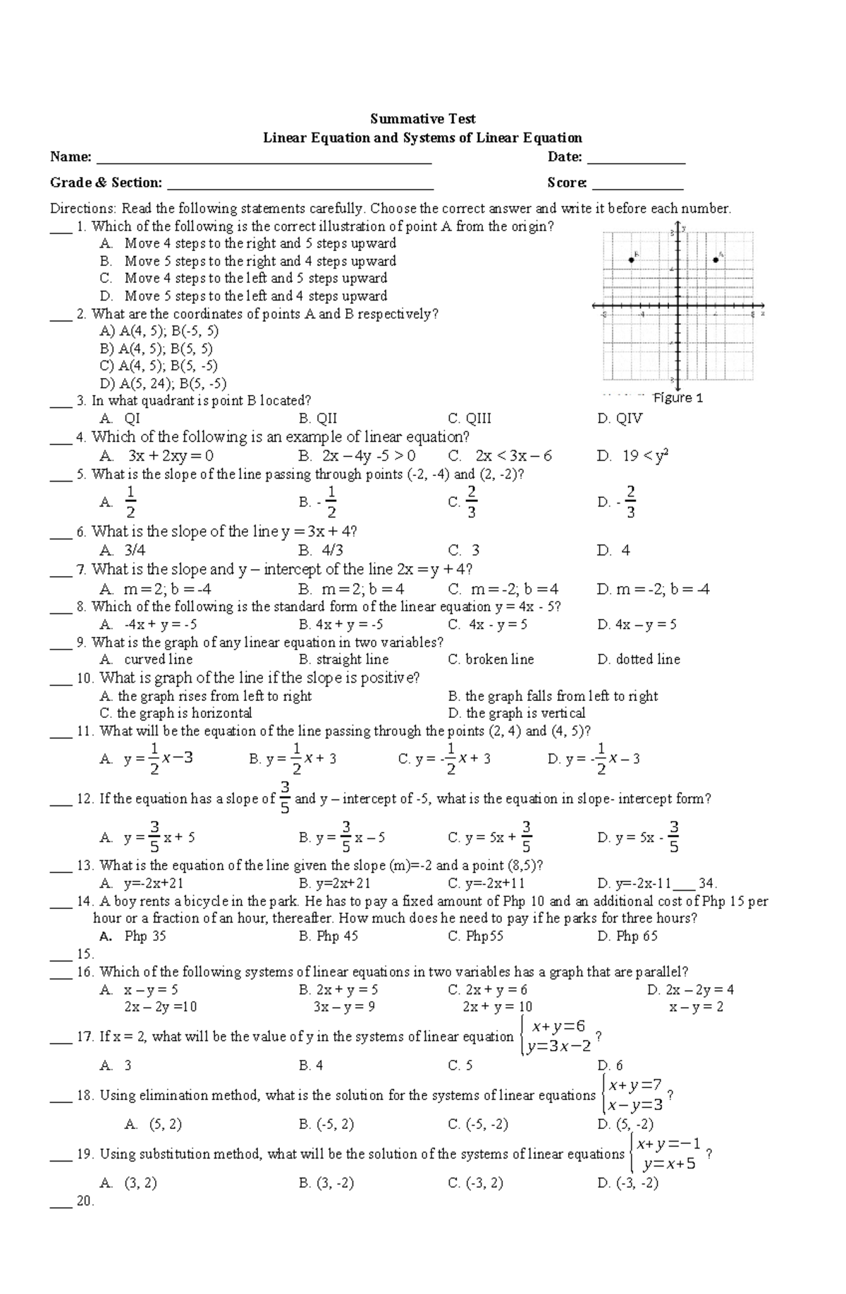 Q1 - Summative Test on Linear Equations & Systems - Studocu