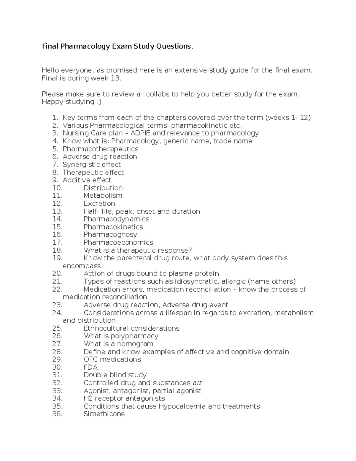 Final Pharmacology Exam Study Guide: Key Concepts & Terms - Studocu