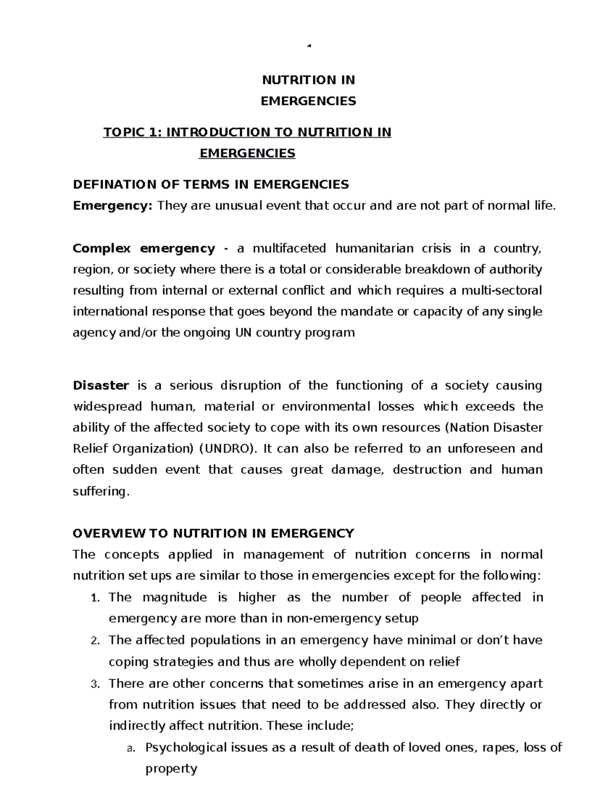 Nutrition in Emergencies: Key Concepts and Overview - Studocu