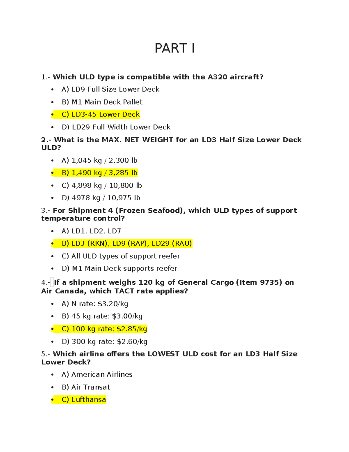 PART I - Practice Questions on ULD Compatibility and TACT Rates - Studocu