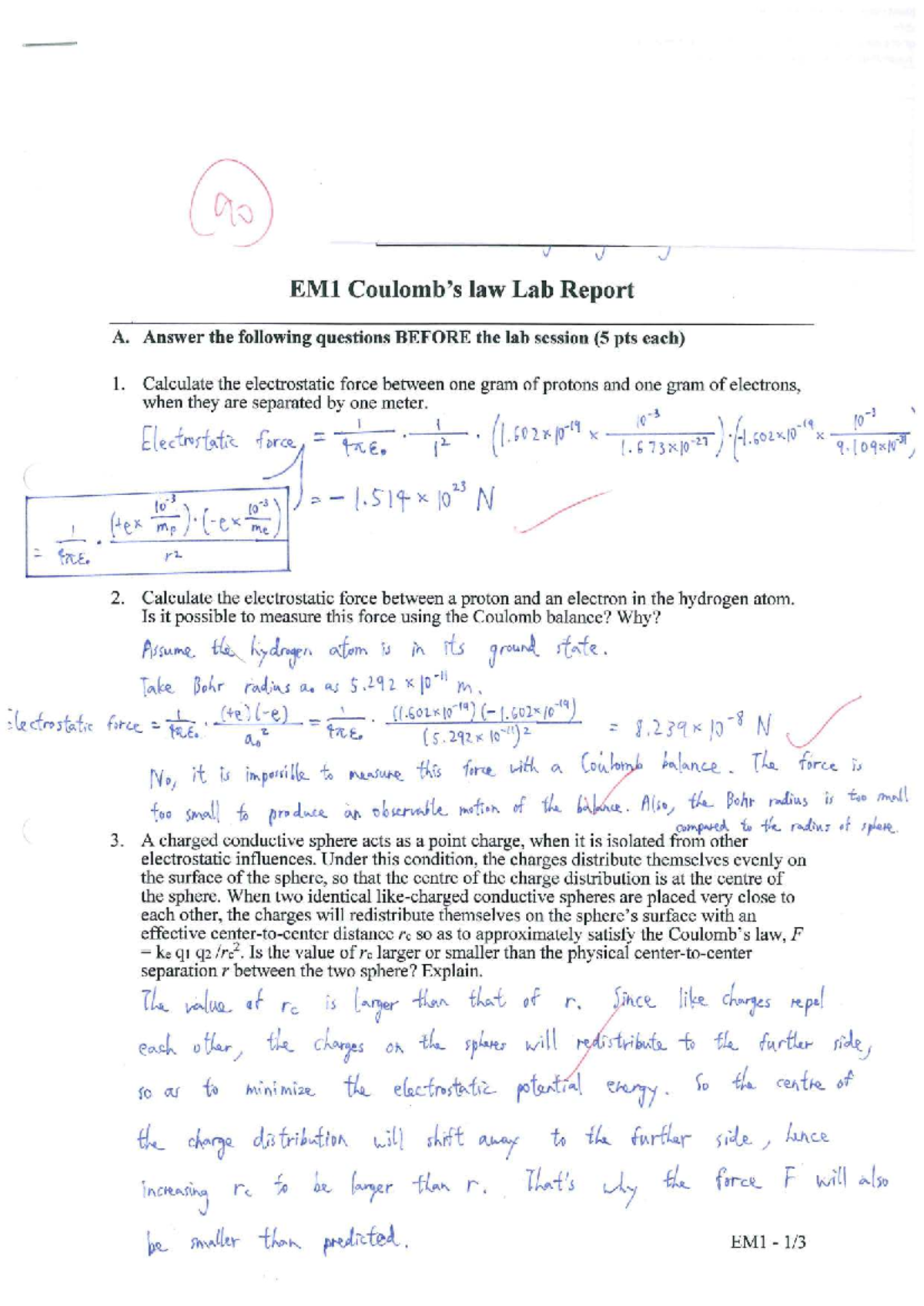 Em1 law lab report: Electrostatic force calculations and analysis - Studocu