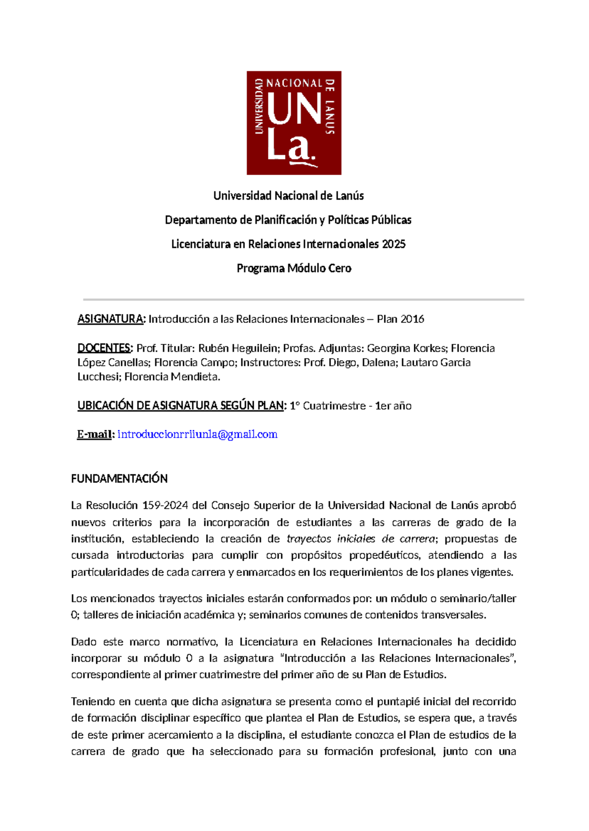Programa Módulo Cero - Introducción a las RRII (Plan 2016 UNLa) - Studocu