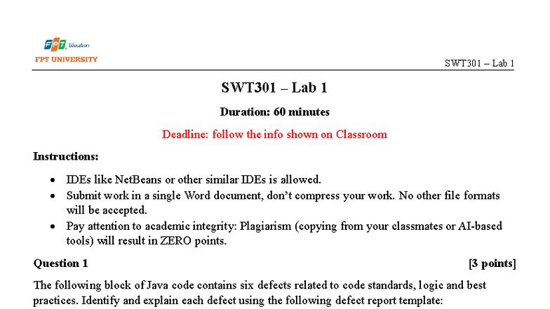 SWT301 Lab1 FA25 - on SWT FA25 - SWT301 – Lab 1 Page 1 of 2 SWT301 ...