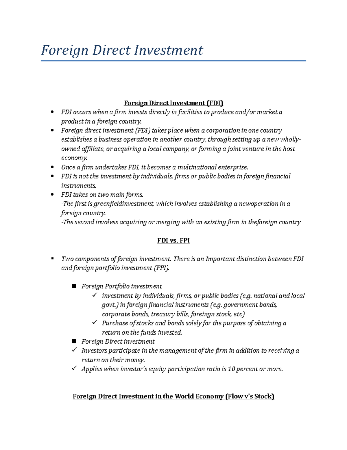 FDI - Insightful Assignment on Foreign Direct Investment Concepts - Studocu