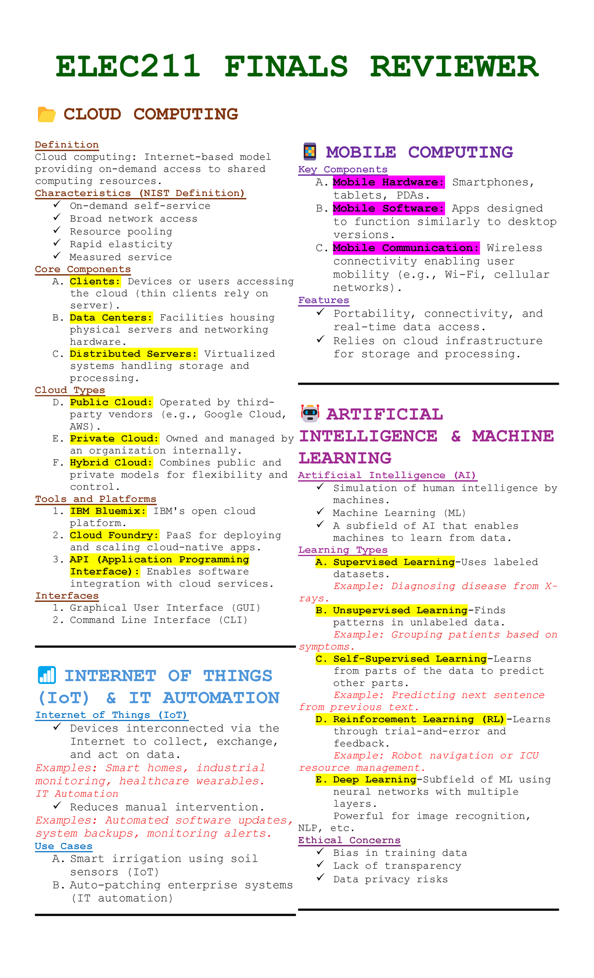 ELEC211 FINAL EXAM REVIEW: CLOUD COMPUTING & AI OVERVIEW - Studocu