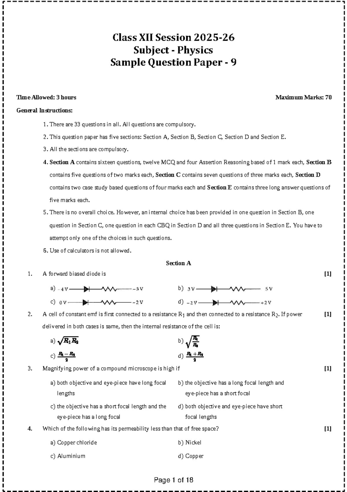 Physics Class XII Sample Question Paper 9 with Solutions - Studocu
