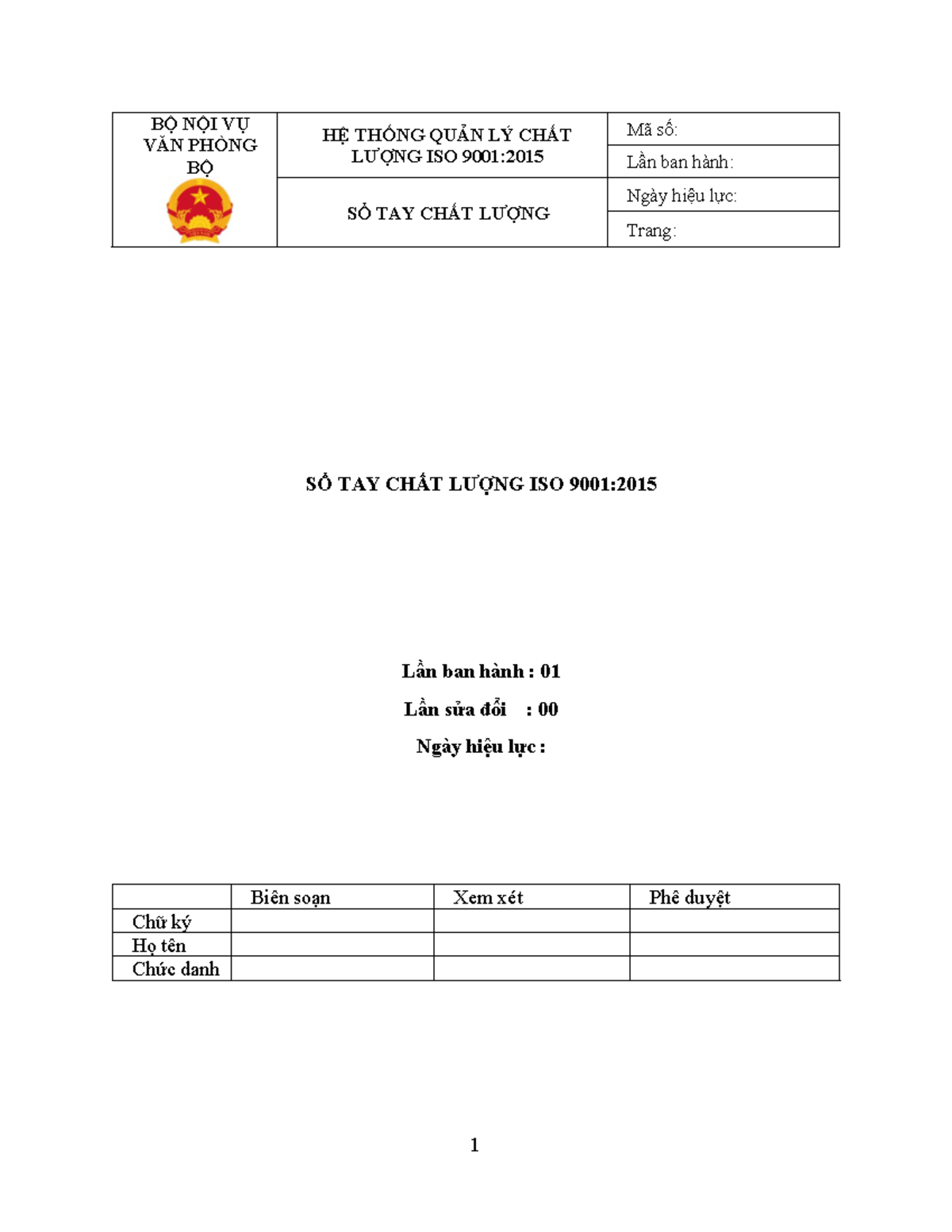 SỔ TAY CHẤT LƯỢNG ISO 9001:2015 - BỘ NỘI VỤ (Mã số: 2205QTVC027) - Studocu