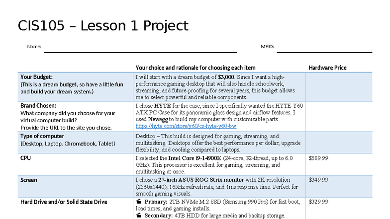 CIS105 Lesson 1: Dream PC Build Project and Budget Analysis - Studocu