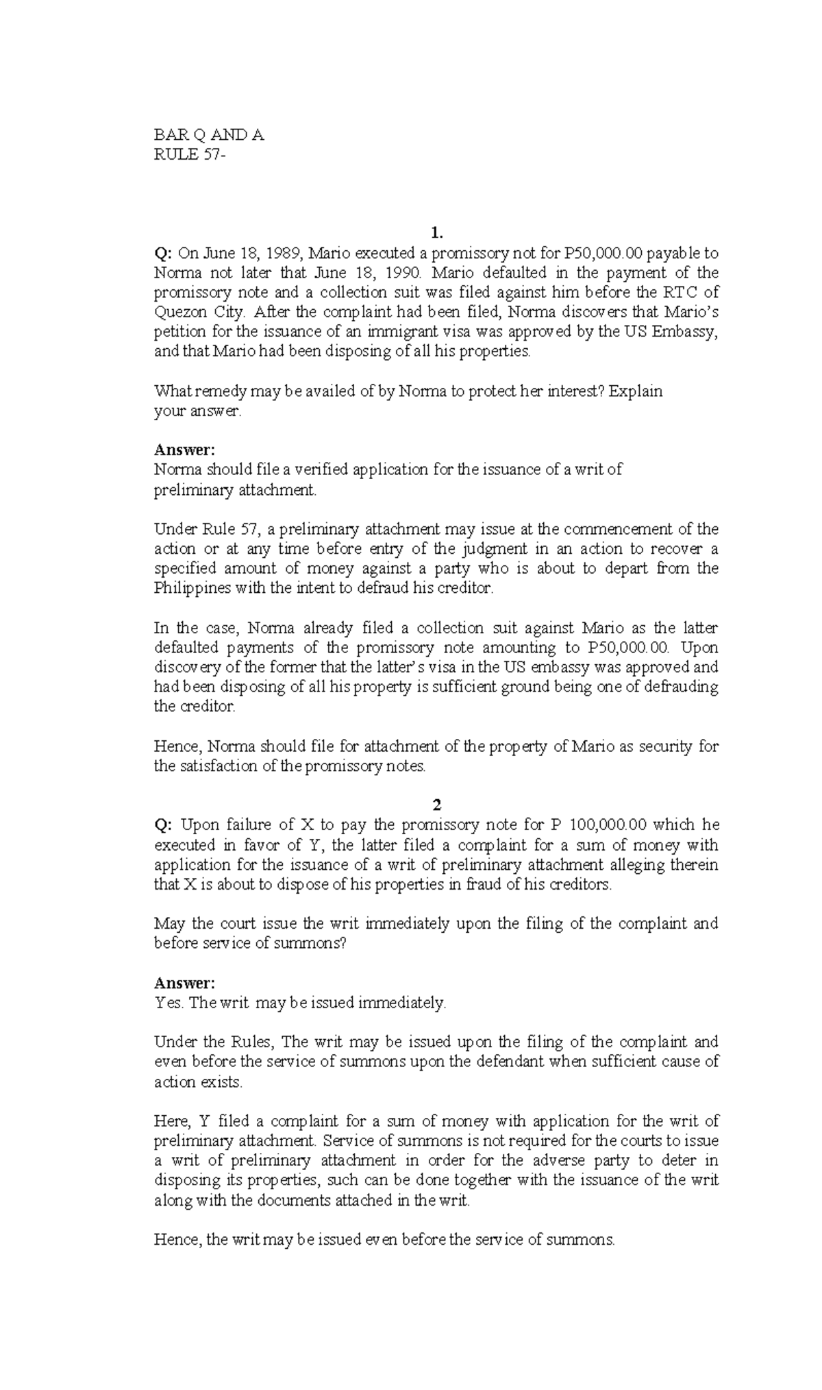 RULE 57 BAR Q&A: Understanding Preliminary Attachment Procedures - Studocu