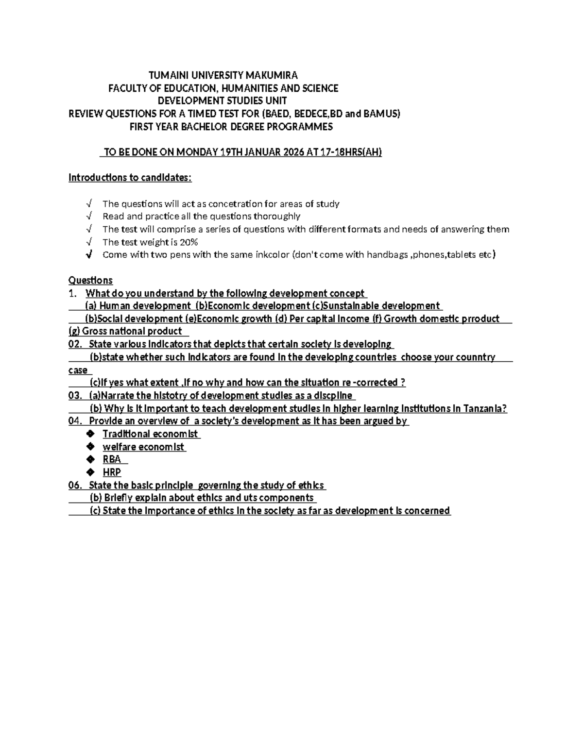 TUMAINI UNIVERSITY BAED FIRST YEAR DEVELOPMENT STUDIES TEST QUESTIONS ...
