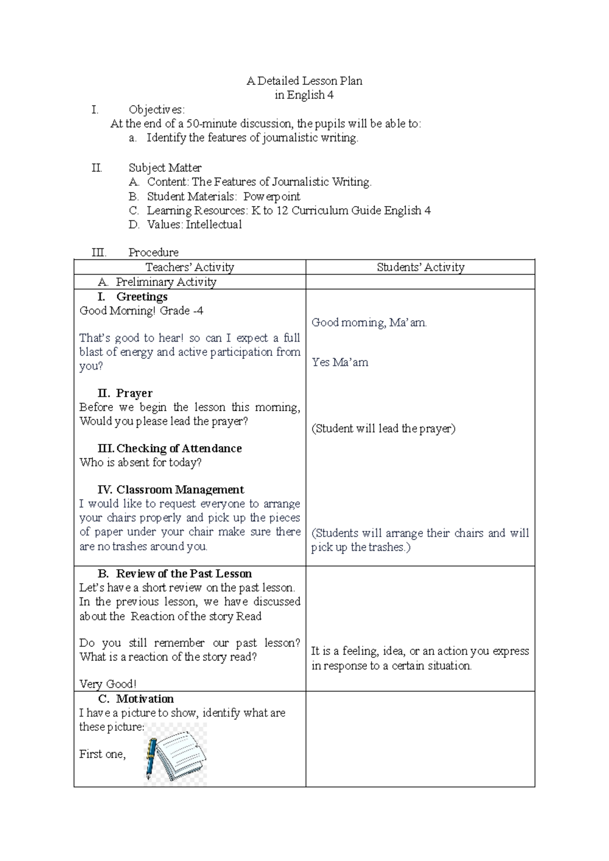 A Comprehensive Lesson Plan on Journalistic Writing for English 4 - Studocu
