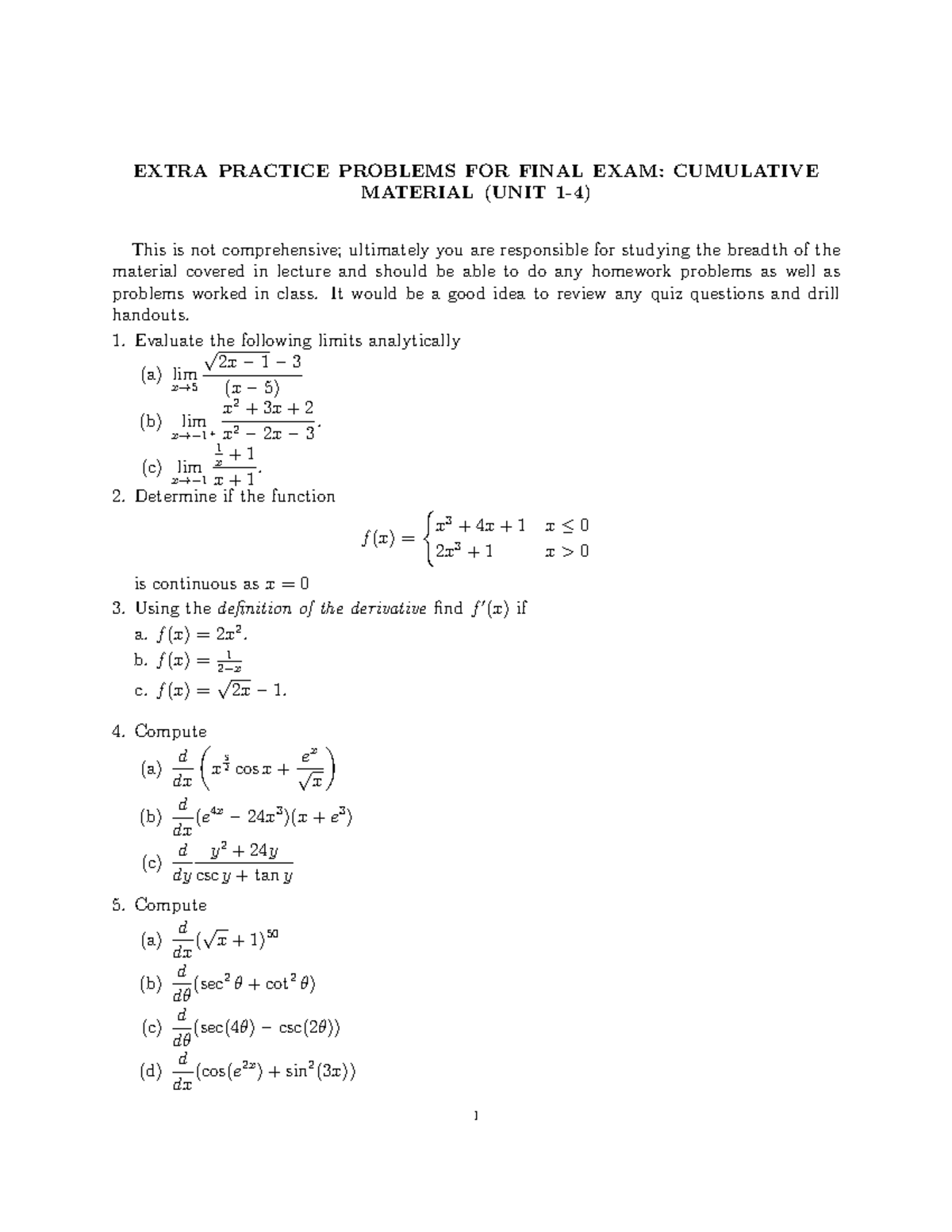 Extra Practice Problems for Final Exam: Cumulative (Units 1-4) - Studocu