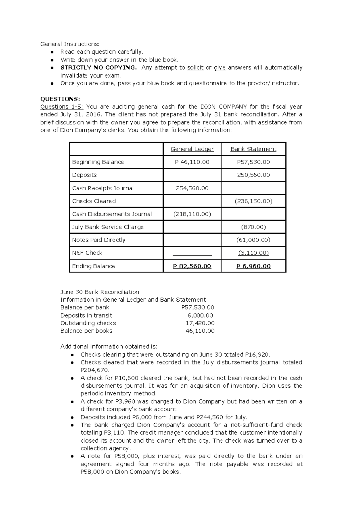 Print Preliminary Exam AUDCA 2: Cash Auditing Questions & Procedures ...