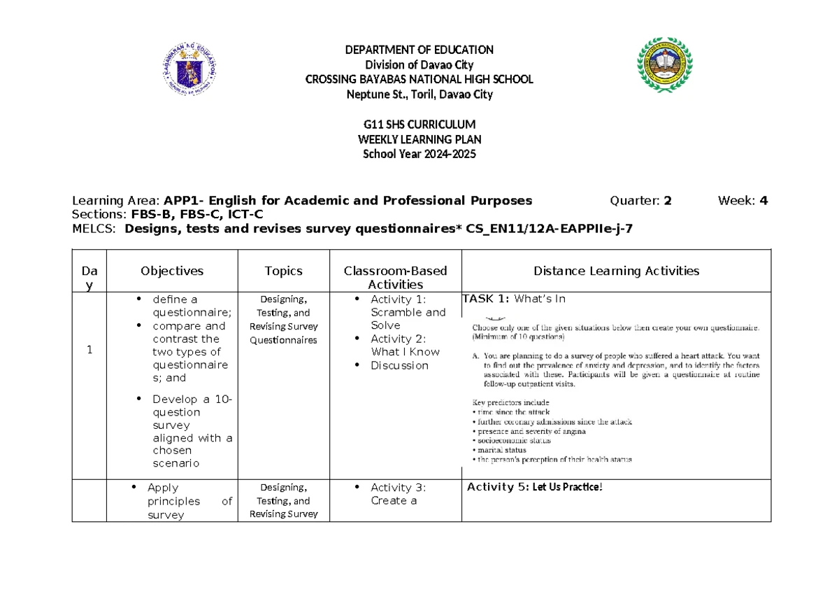 Weekly Learning PLAN & MOVs FOR Blended Learning - DAY 4 - Address ...