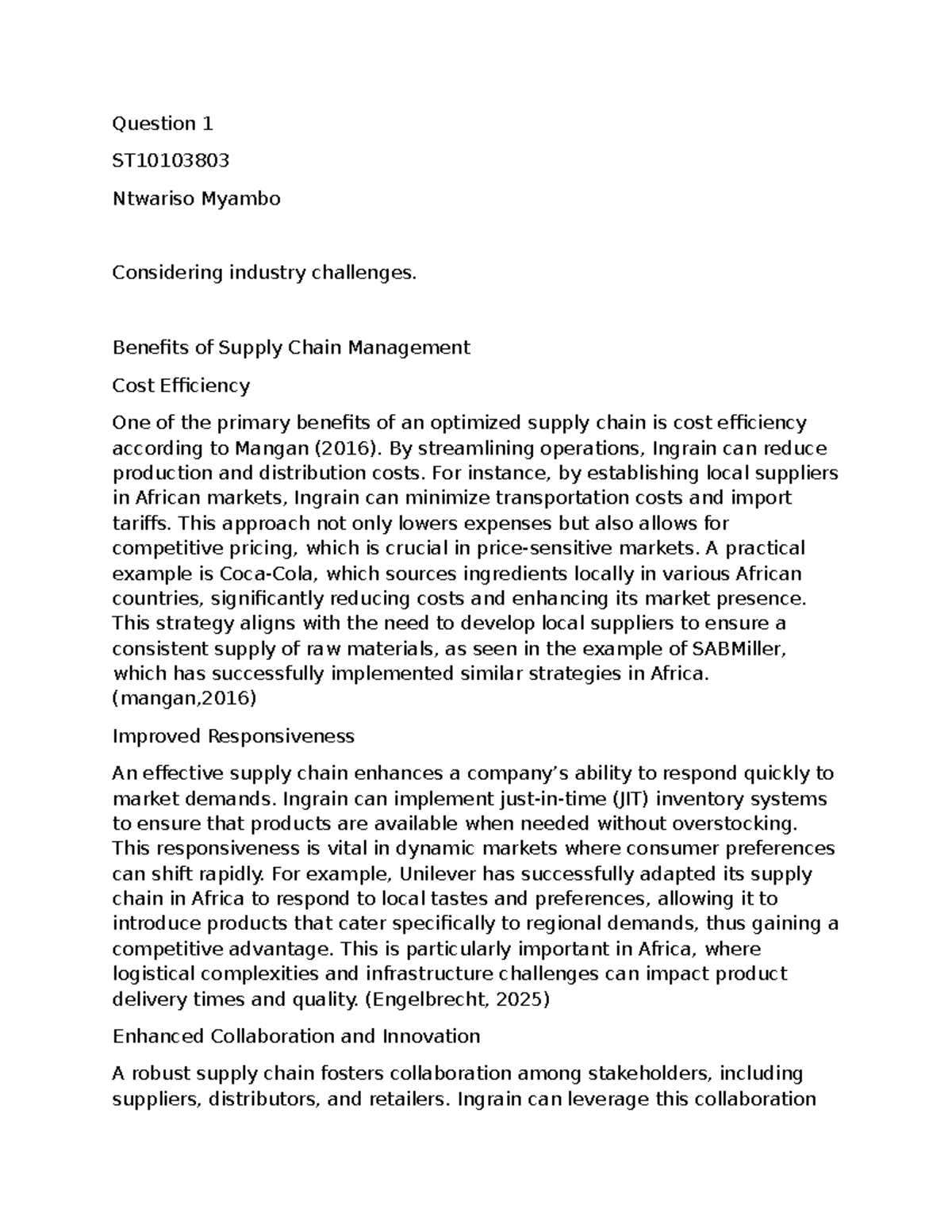 ST10103803 Assignment Q1: Supply Chain Management Benefits & Challenges ...