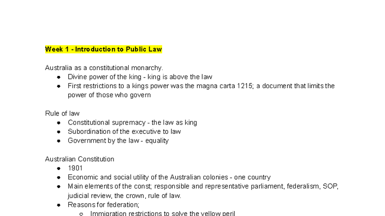 Public Law Notes - NA: Weeks 1-3 Overview of Australian Constitutional ...