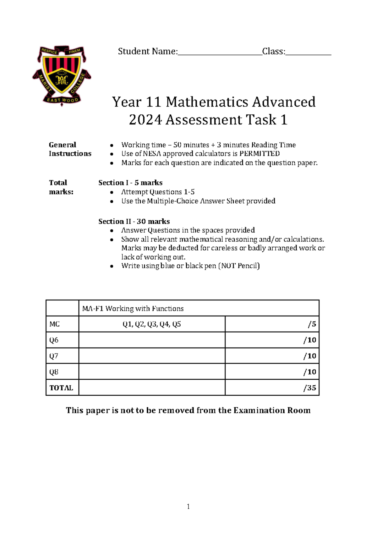 2024 Year 11 Mathematics Advanced AST1 - Assessment Task 1 - Studocu