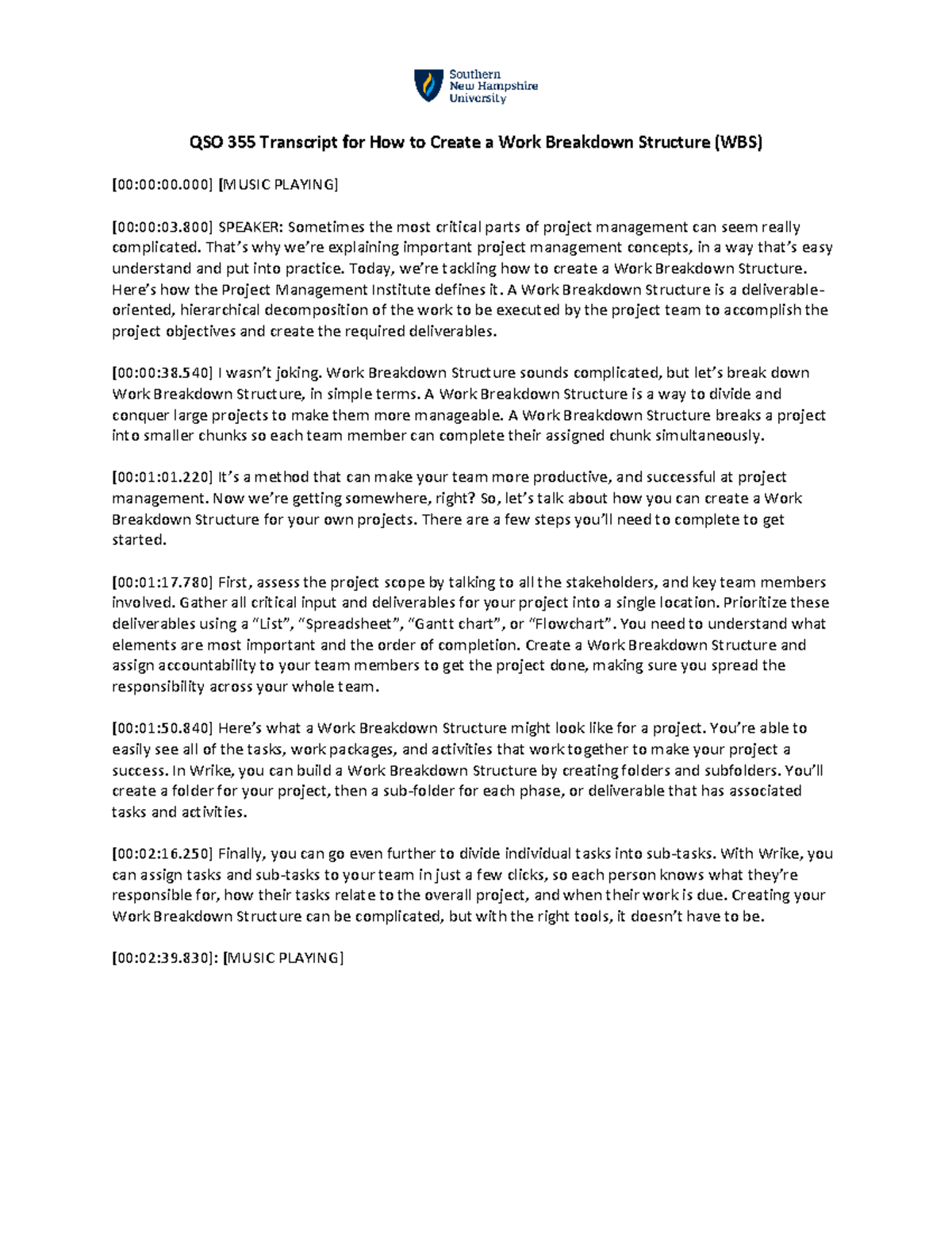 QSO 355 WBS Creation Transcript: Simplifying Project Management ...