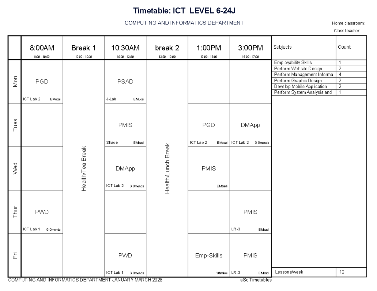 Trainee Timetable: ICT Level Computing & Informatics Dept. - Studocu