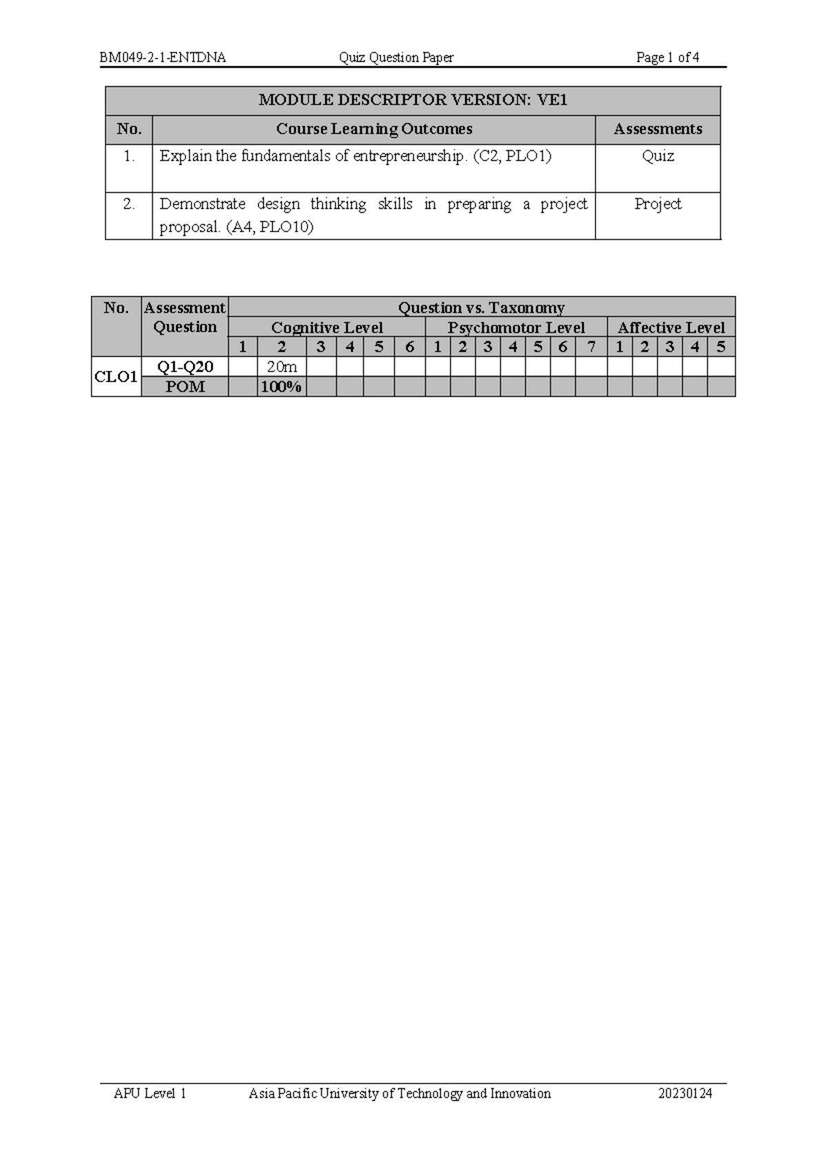 APU Level 1 Quiz Questions on Entrepreneurship Fundamentals - Studocu