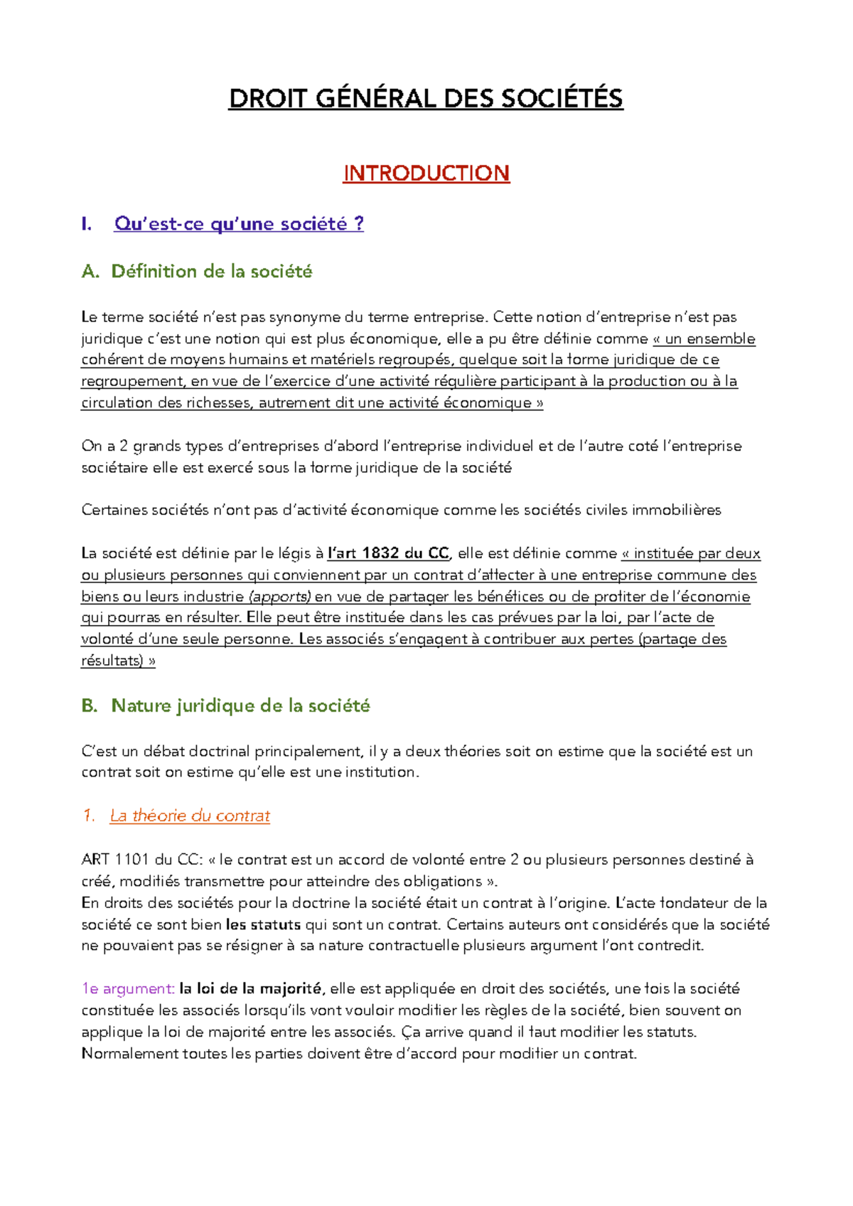 Cours DROIT DES SOCIÉTÉS - Introduction et Concepts Fondamentaux - Studocu