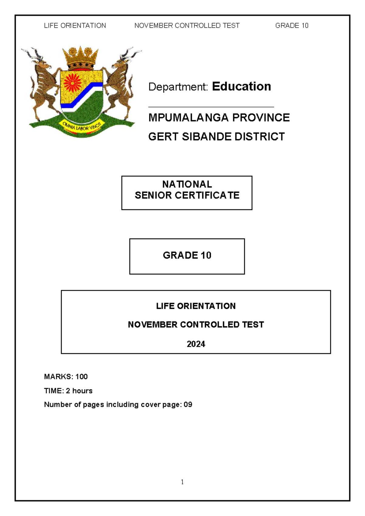 LIFE ORIENTATION GRADE 10 NOVEMBER CONTROLLED TEST 2024 - Studocu