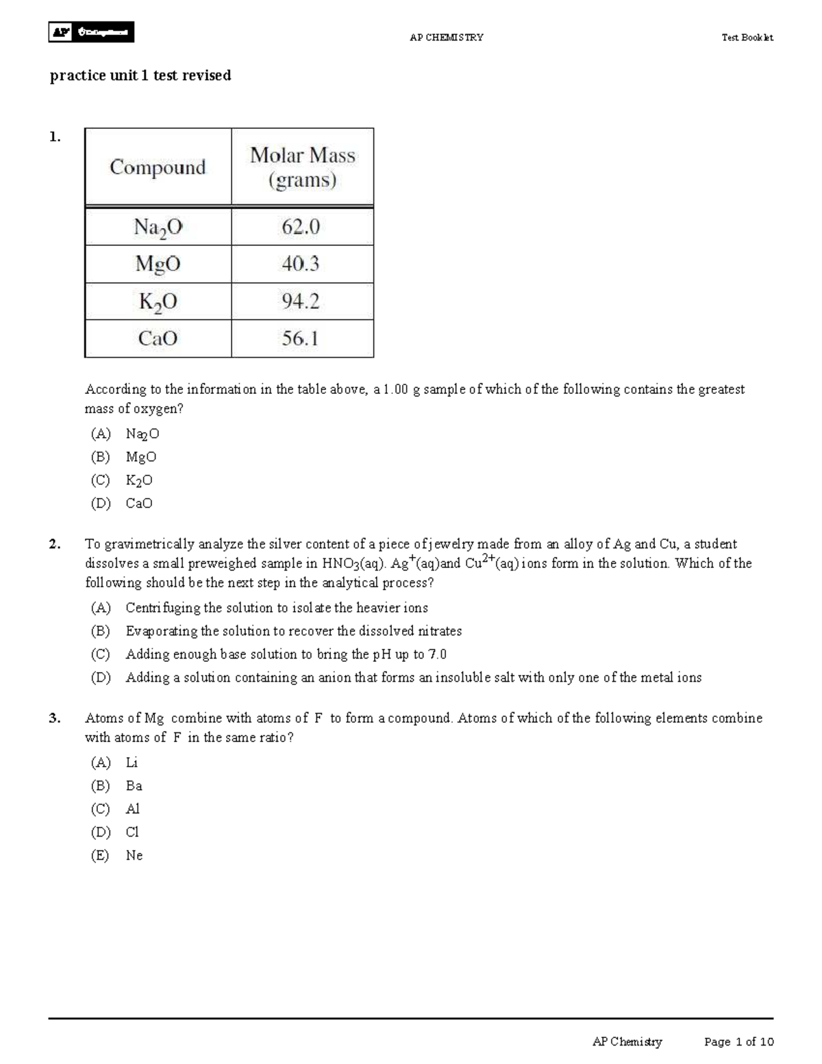 AP CHEMISTRY Practice Unit 1 Test Revised - Studocu