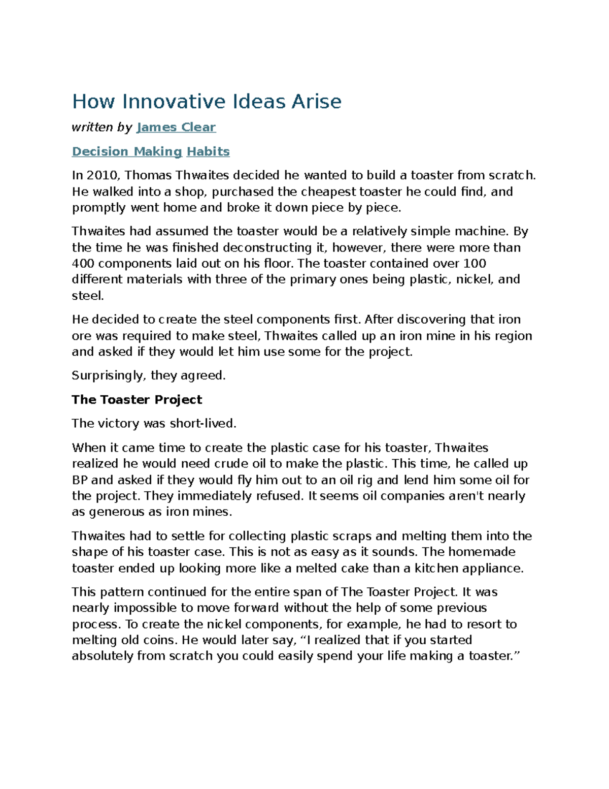 Innovative Ideas: Lessons from Thwaites' Toaster Project - Studocu