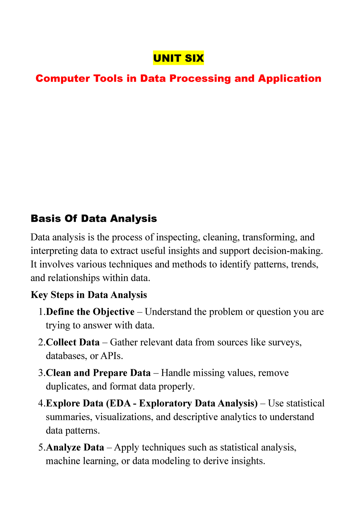 Unit 6: Computer Tools in Data Processing & Data Analysis Techniques ...